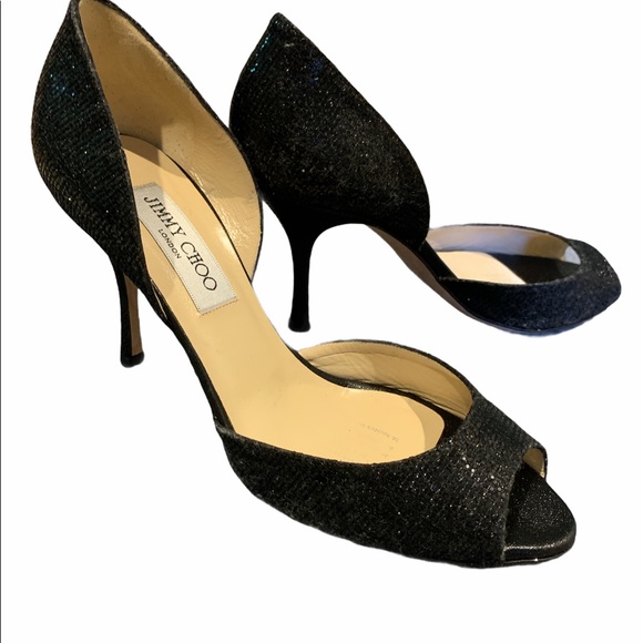 CYBER SALE! Jimmy Choo Black Glittery Peep Toe Heels S… - Picture 4 of 9